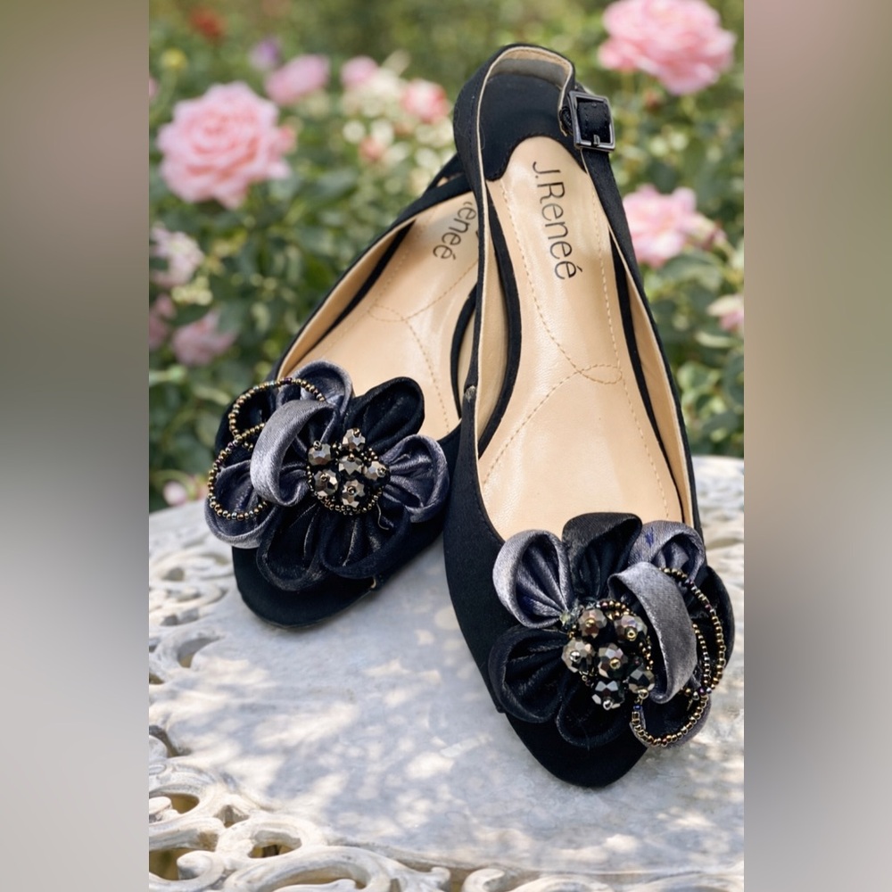 J Renee Leonelle Black Satin Slingback Heels Floral Peep Toe 7.5